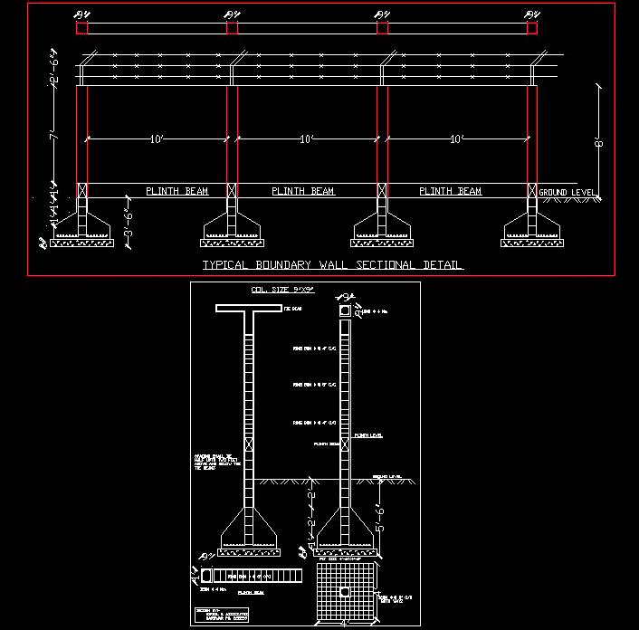 Boundary Wall Column Design with Footings - Free DWG Download